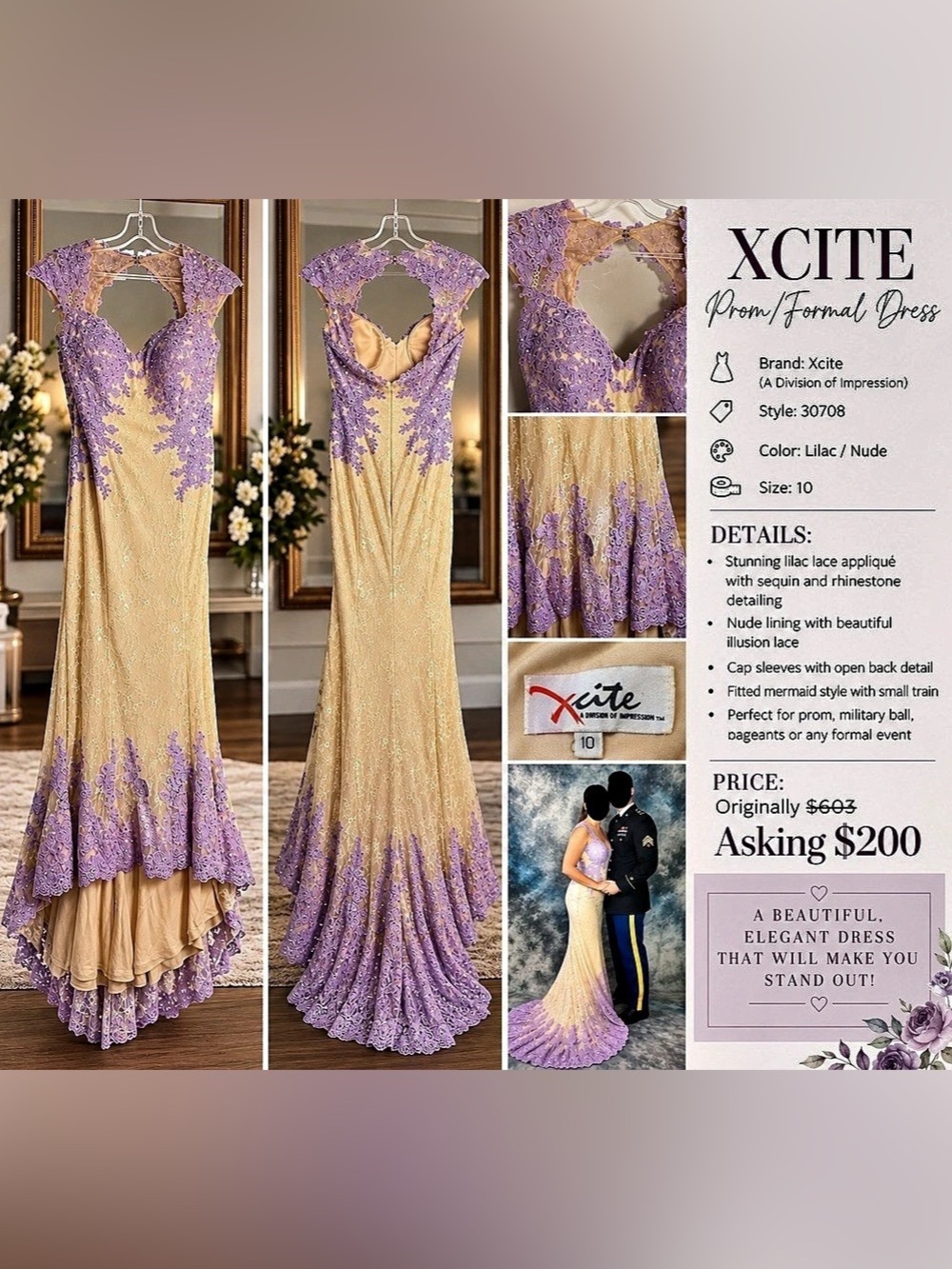Xcite Style 30708 Lilac Nude Mermaid Dress Purple & Beige Size 10